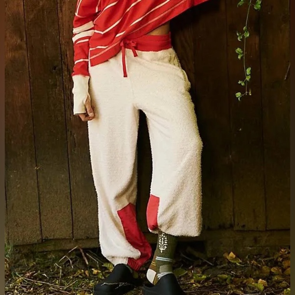 Free People Cream and Red Contrast Fleece Track Joggers